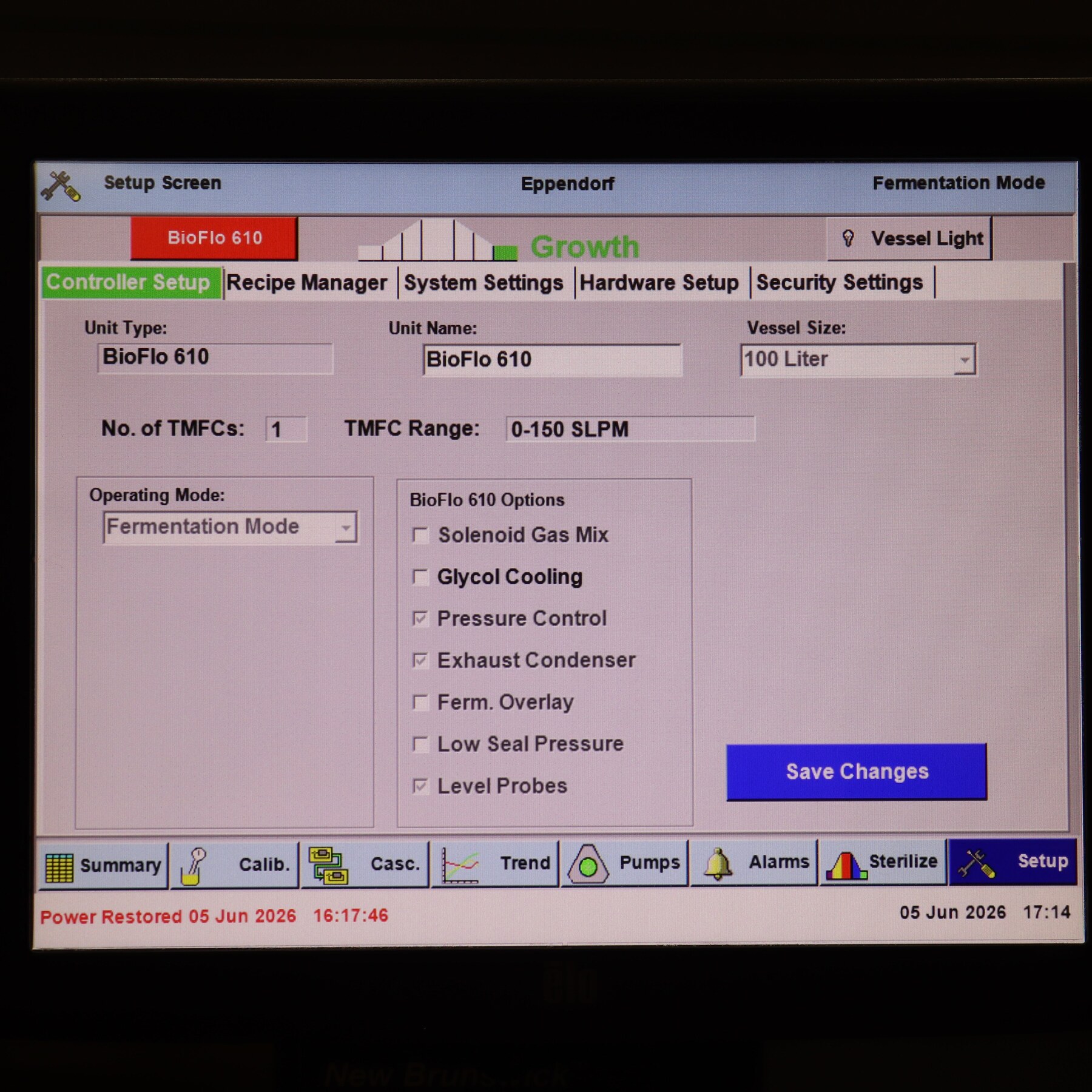 Ekran Controller Setup konkretnego BioFlo 610 100 L