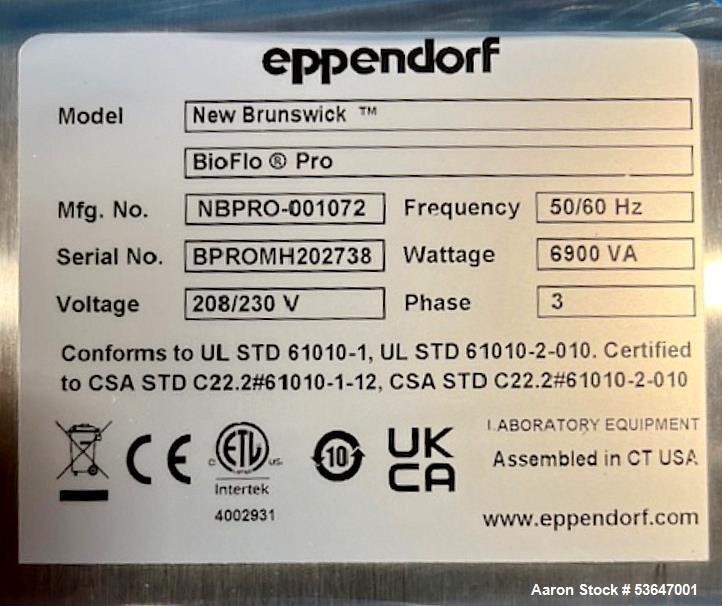 Tabliczka BioFlo Pro 500 L: NBPRO-001072, BPROHMH202738, 208/230 V, 6900 VA