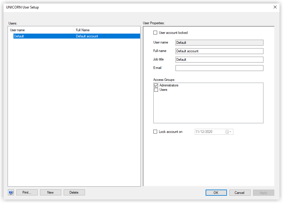 Konto Default w UNICORN 7.13