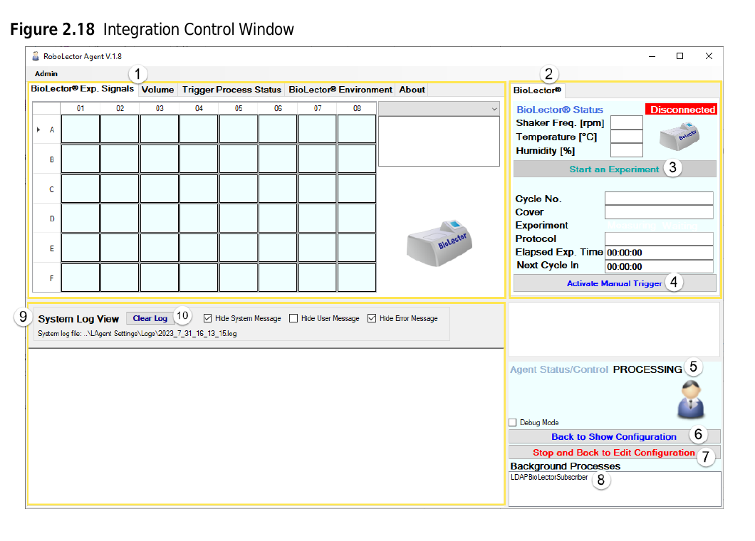 Okno monitoringu RoboLector Agent 1.8