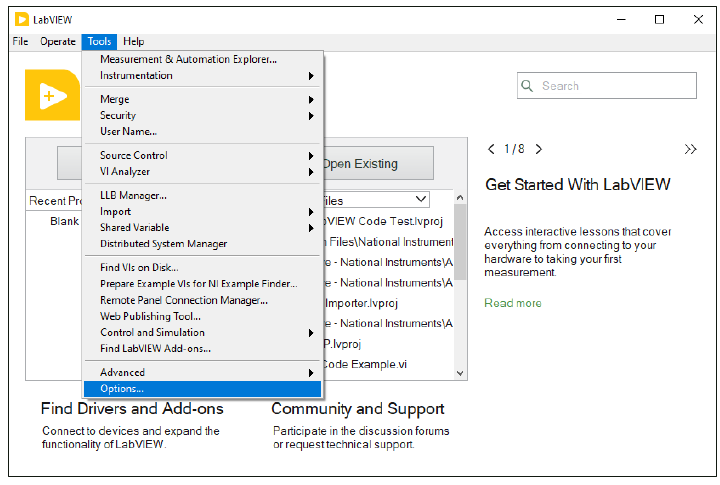 Wejście do ustawień LabVIEW przez Tools → Options