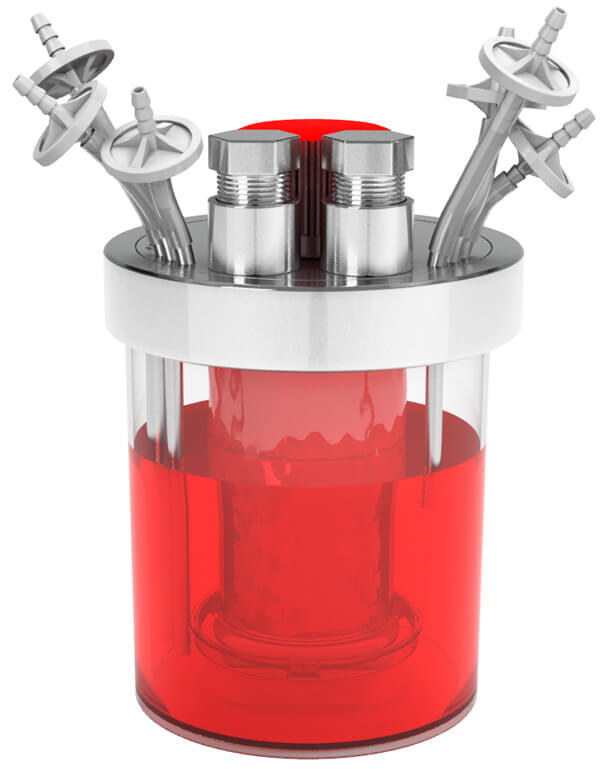 Naczynie iCELLis Nano z medium oraz widocznym cylindrycznym złożem fixed-bed