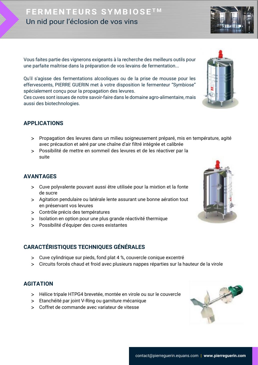Pierre Guérin SYMBIOSE Fermenters — oficjalna strona karty technicznej lub broszury producenta.