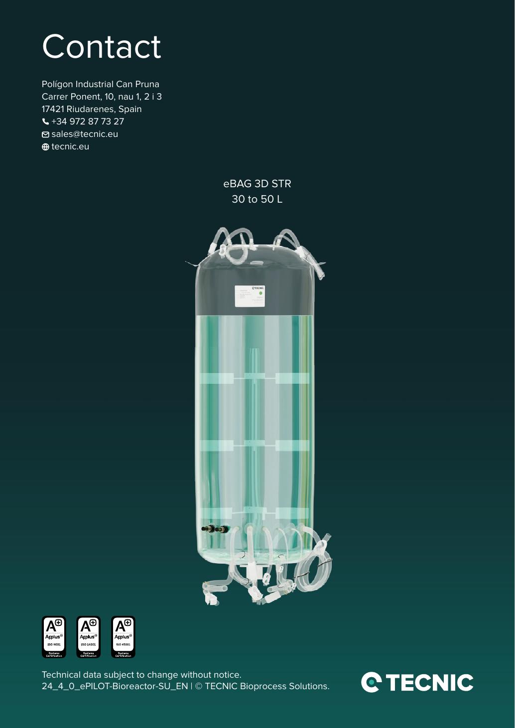 TECNIC ePILOT Bioreactor SU — oficjalna plansza karty technicznej z urządzeniem, funkcjami lub rzeczywistym HMI.
